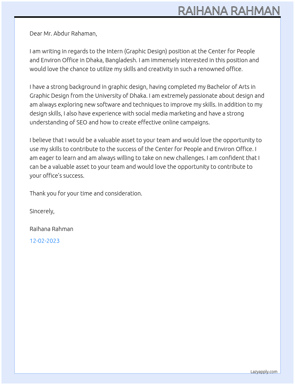 Intern (Graphic Design) At Center for People and Environ Office, Dhaka, Bangladesh. Cover Letter