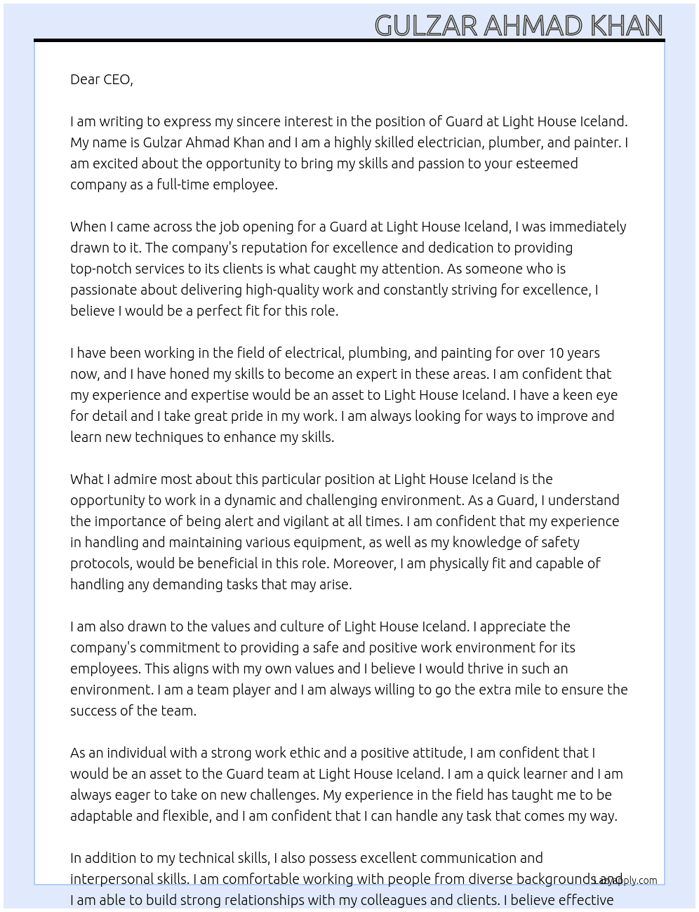 Guard At Light house iceland Cover Letter