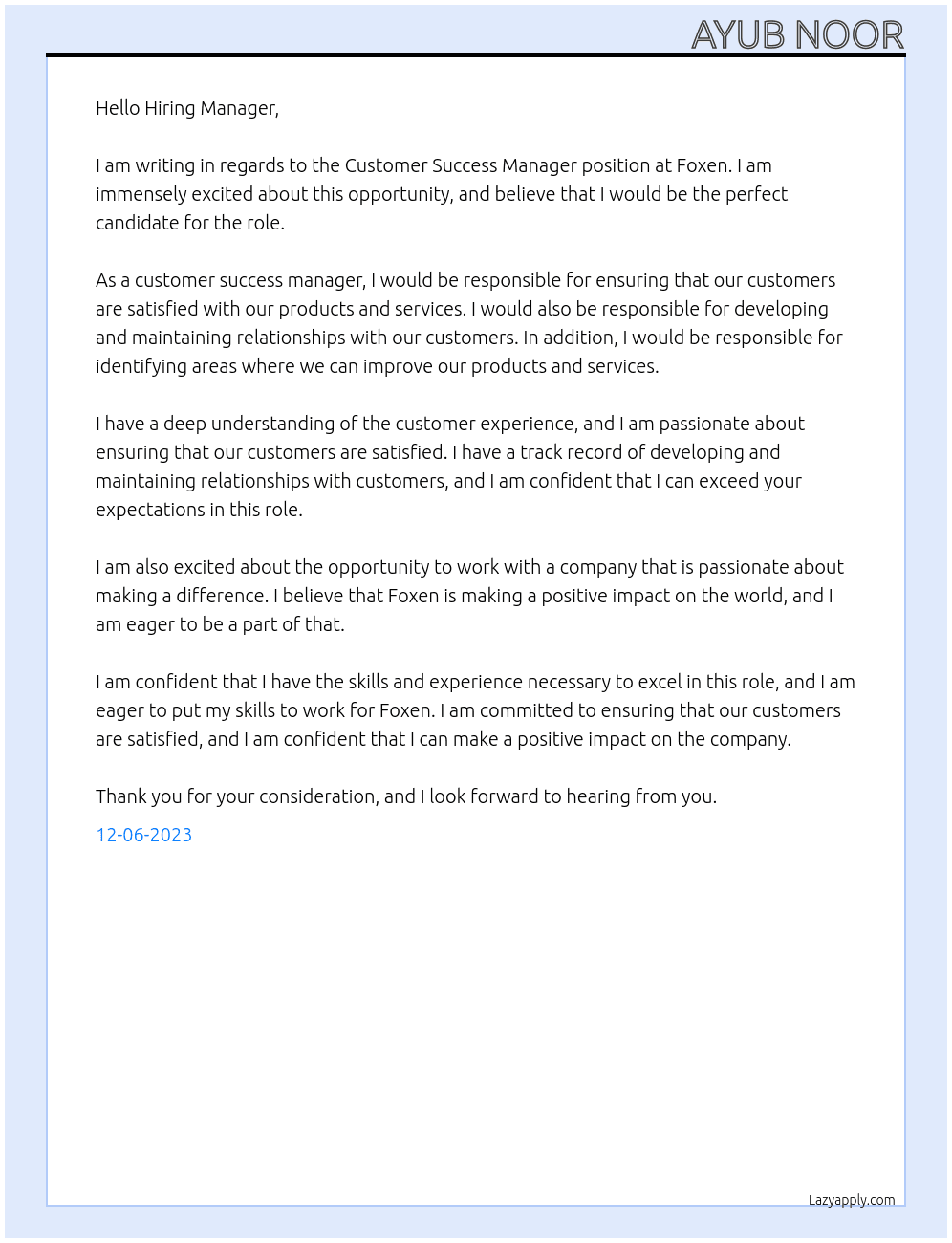 Customer Success Manager At Foxen Cover Letter