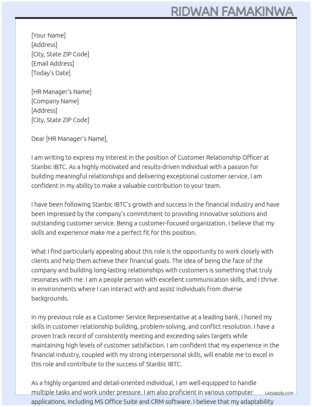 Customer relationship officer  At Stanbic IBTC  Cover Letter
