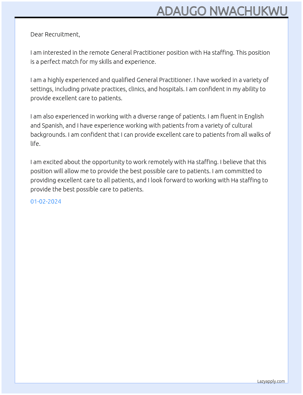 Remote General Practitioner  At Ha staffing  Cover Letter
