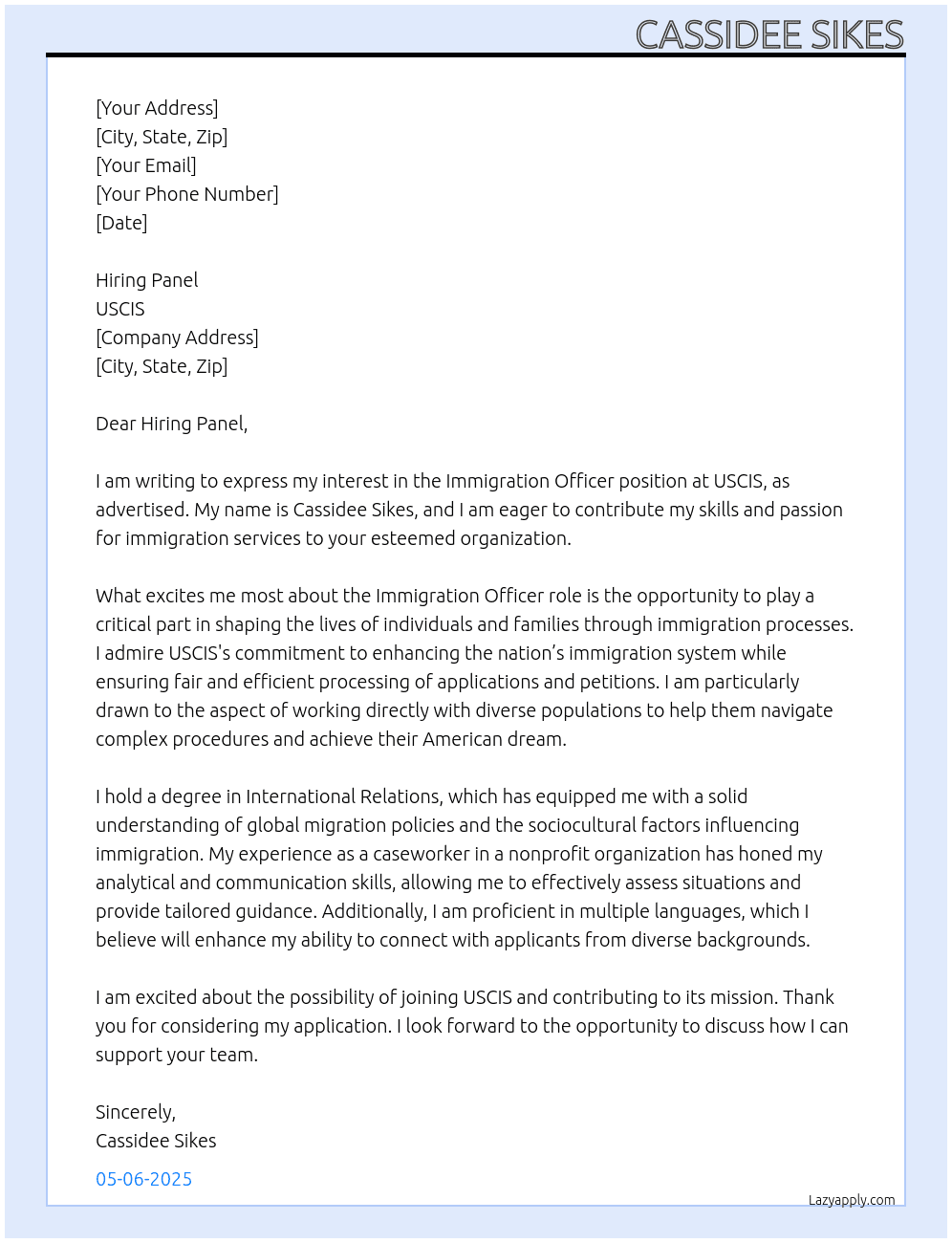 Immigration Officer At USCIS Cover Letter