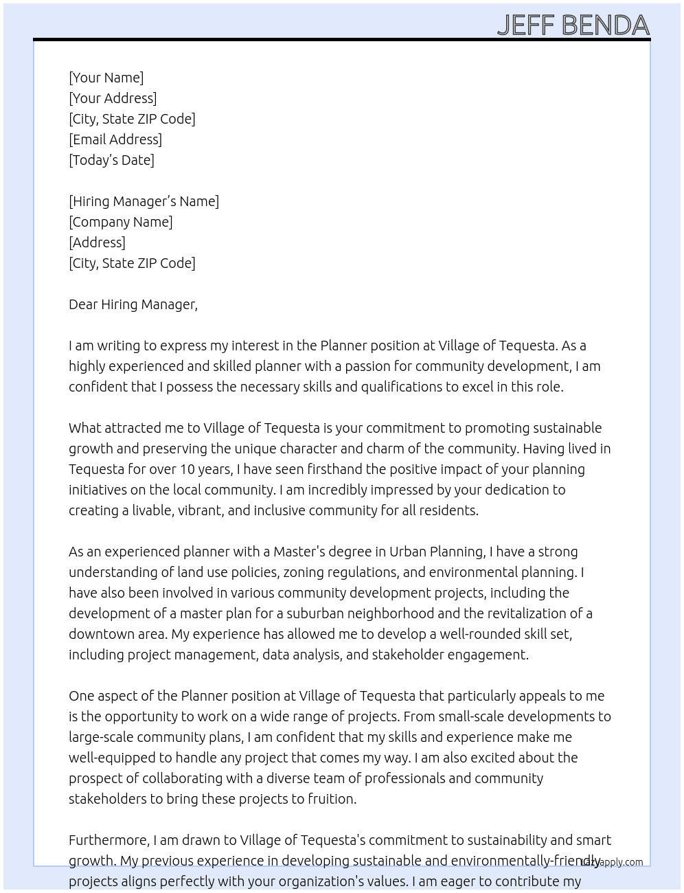 Planner At Village of Tequesta Cover Letter