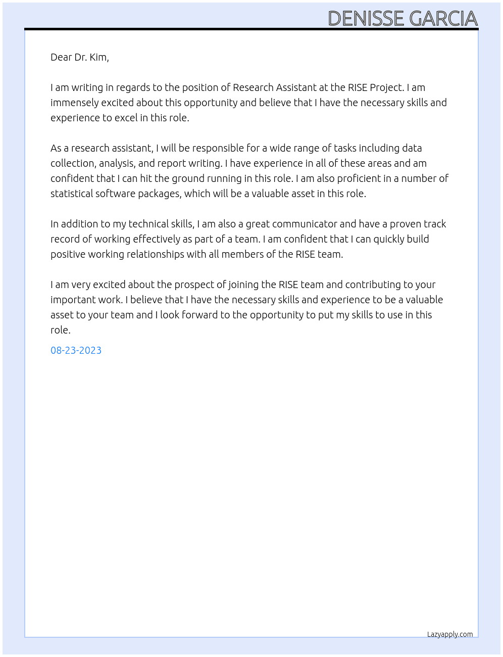 Research Assistant  At RISE Project Cover Letter