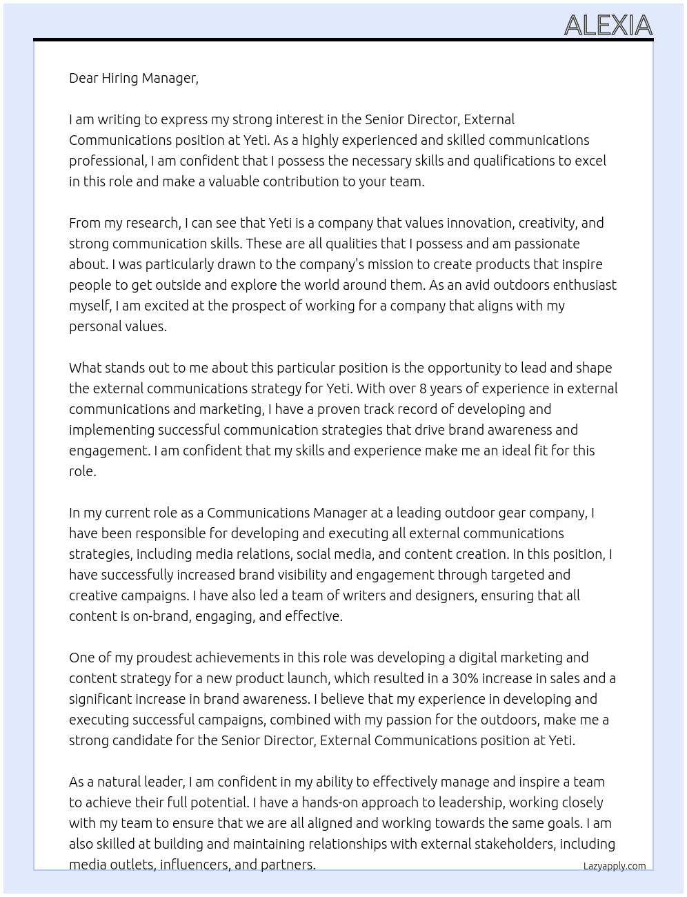 Senior Director, External Communications At Yeti Cover Letter