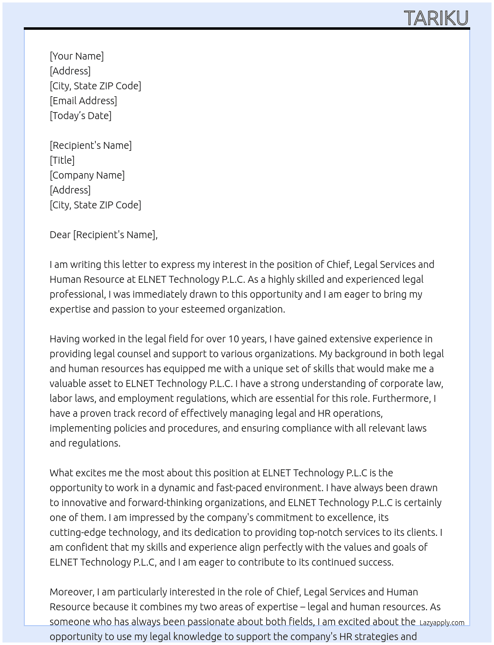 Chief, Legal Services and Human Resource  At ELNET Technology P.L.C Cover Letter