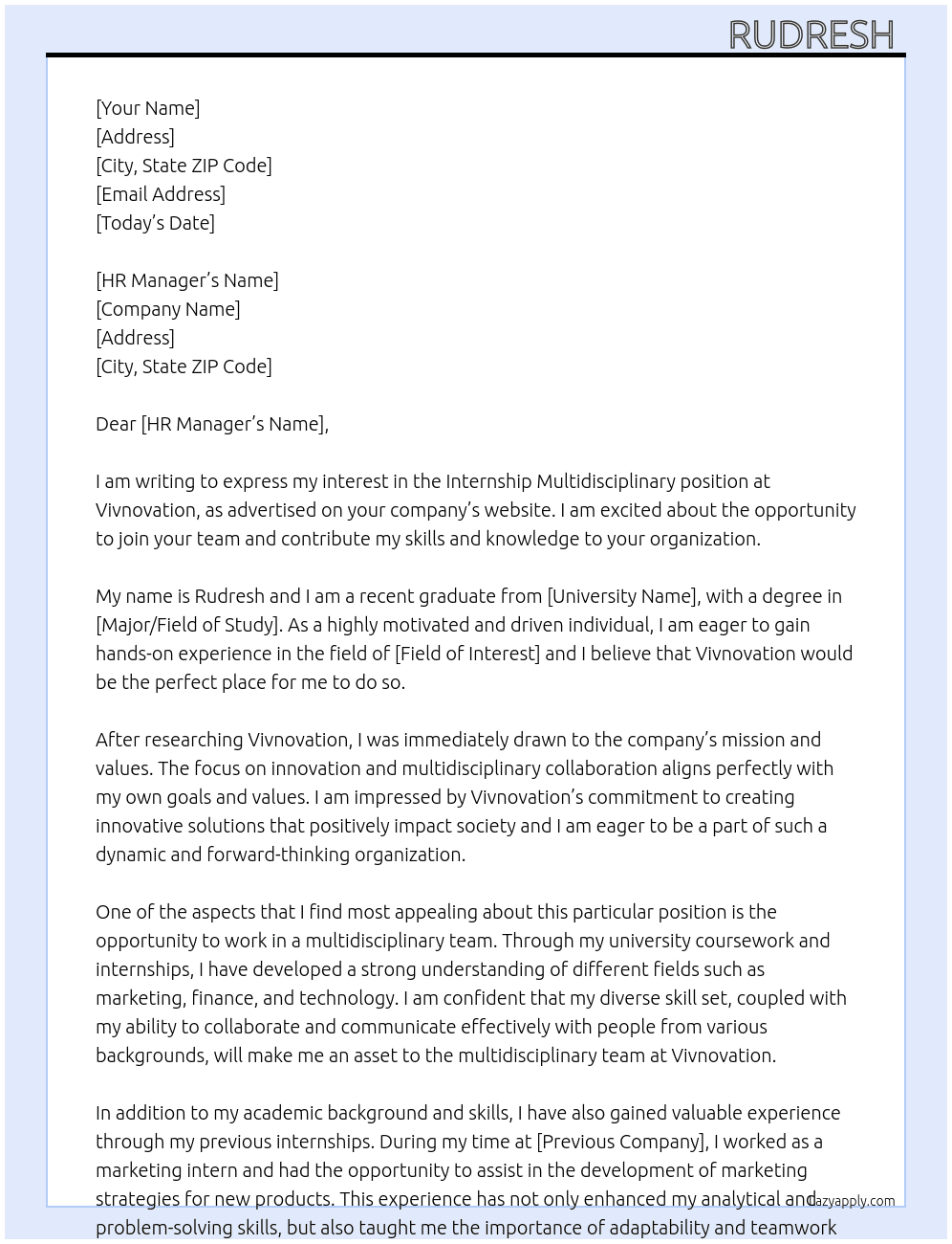 INTERNSHIP MULTIDISCIPLINARY  At Vivnovation Cover Letter