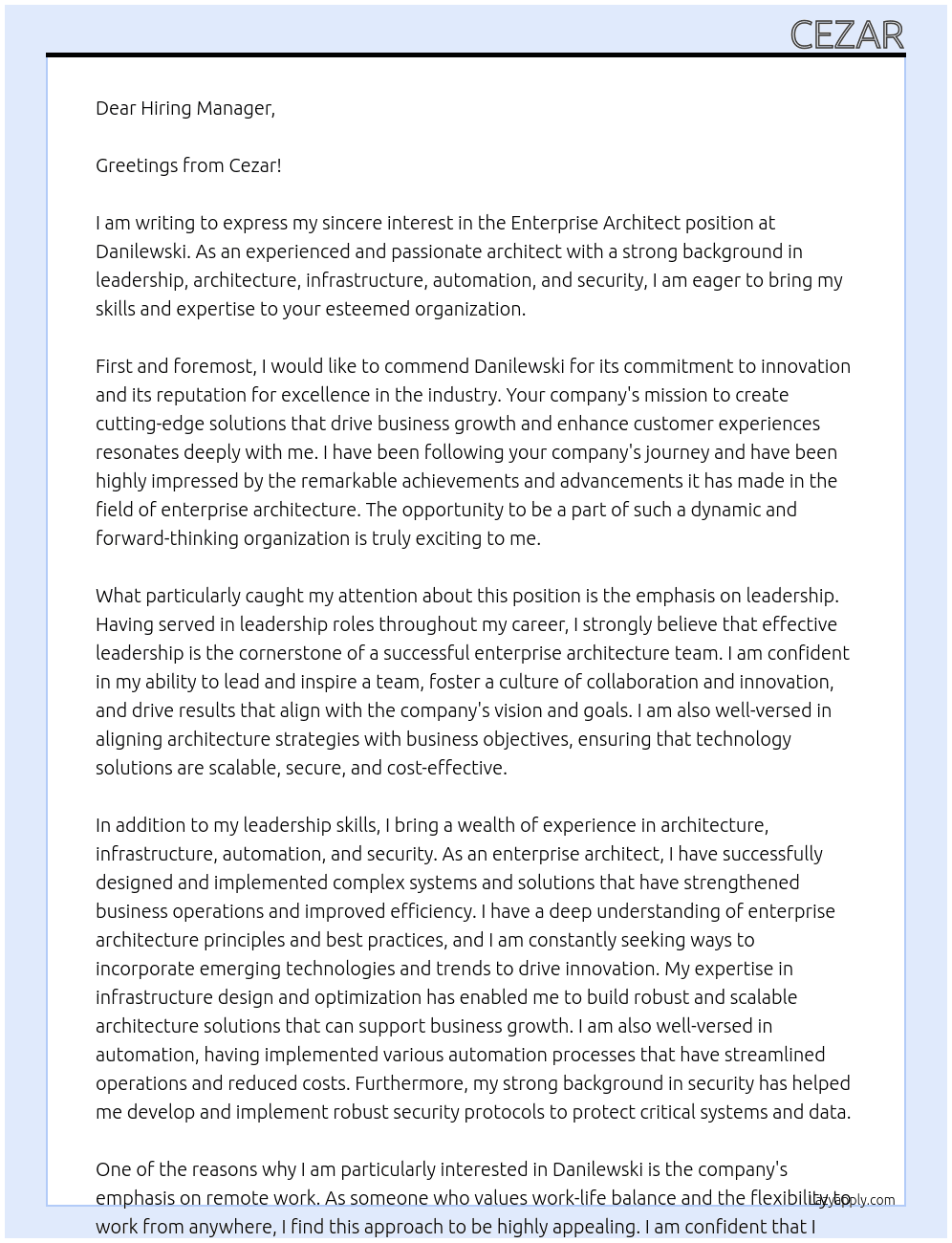 Enterprise Artitect At Danilewski Cover Letter