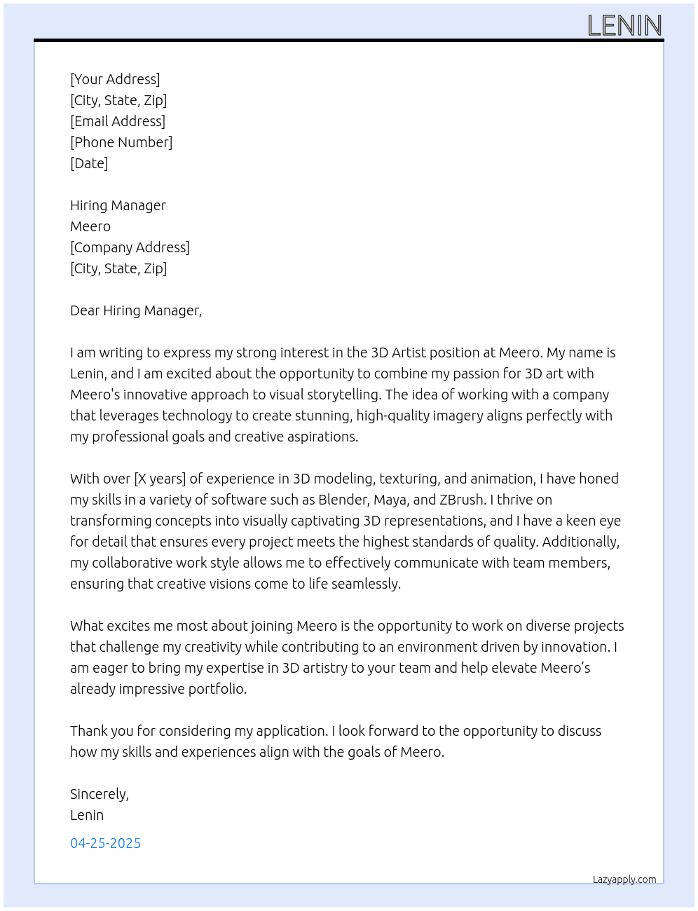 3d artist At Meero Cover Letter