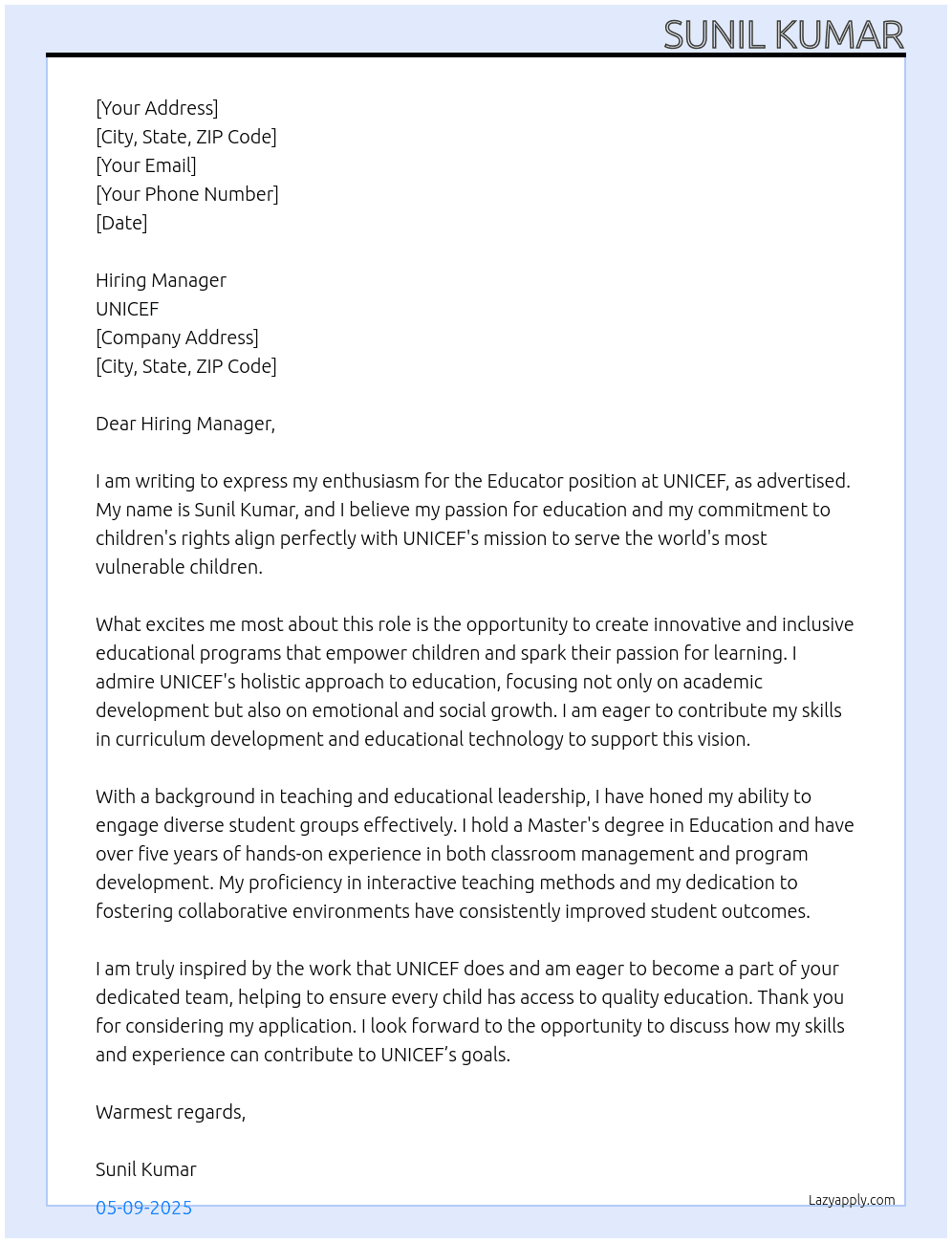 EDUCATOR At UNICEF Cover Letter