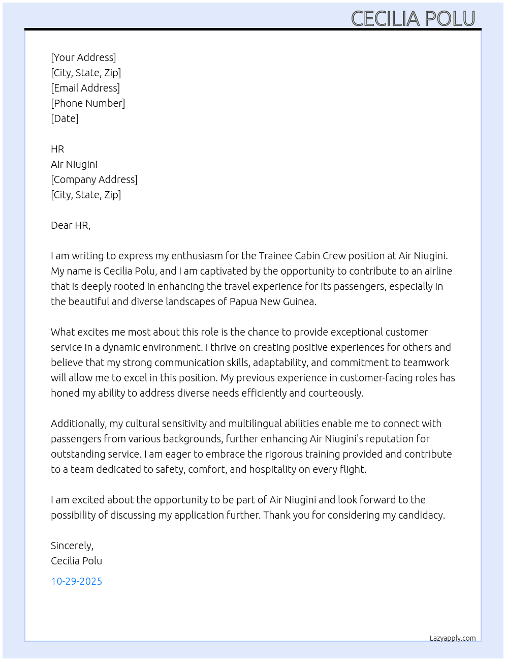 Trainee Cabin Crew At Air Niugini  Cover Letter