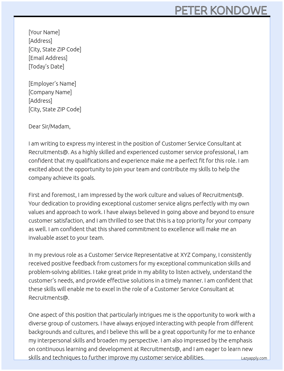 Customer service consultant  At Recruitments@ Cover Letter