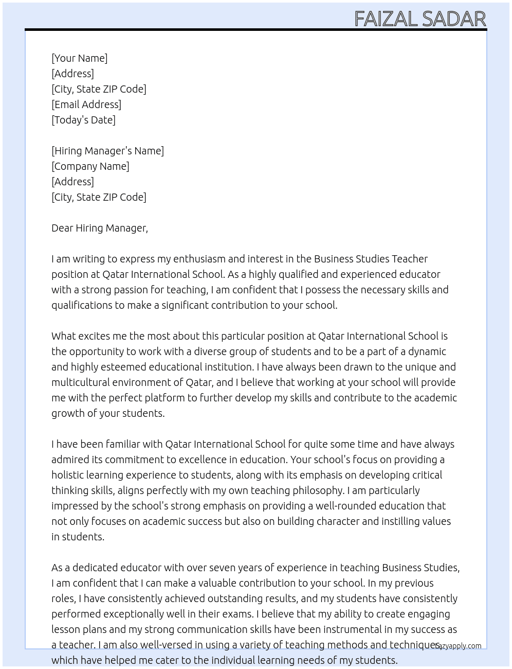 Business studies teacher  At Qatar International School Cover Letter