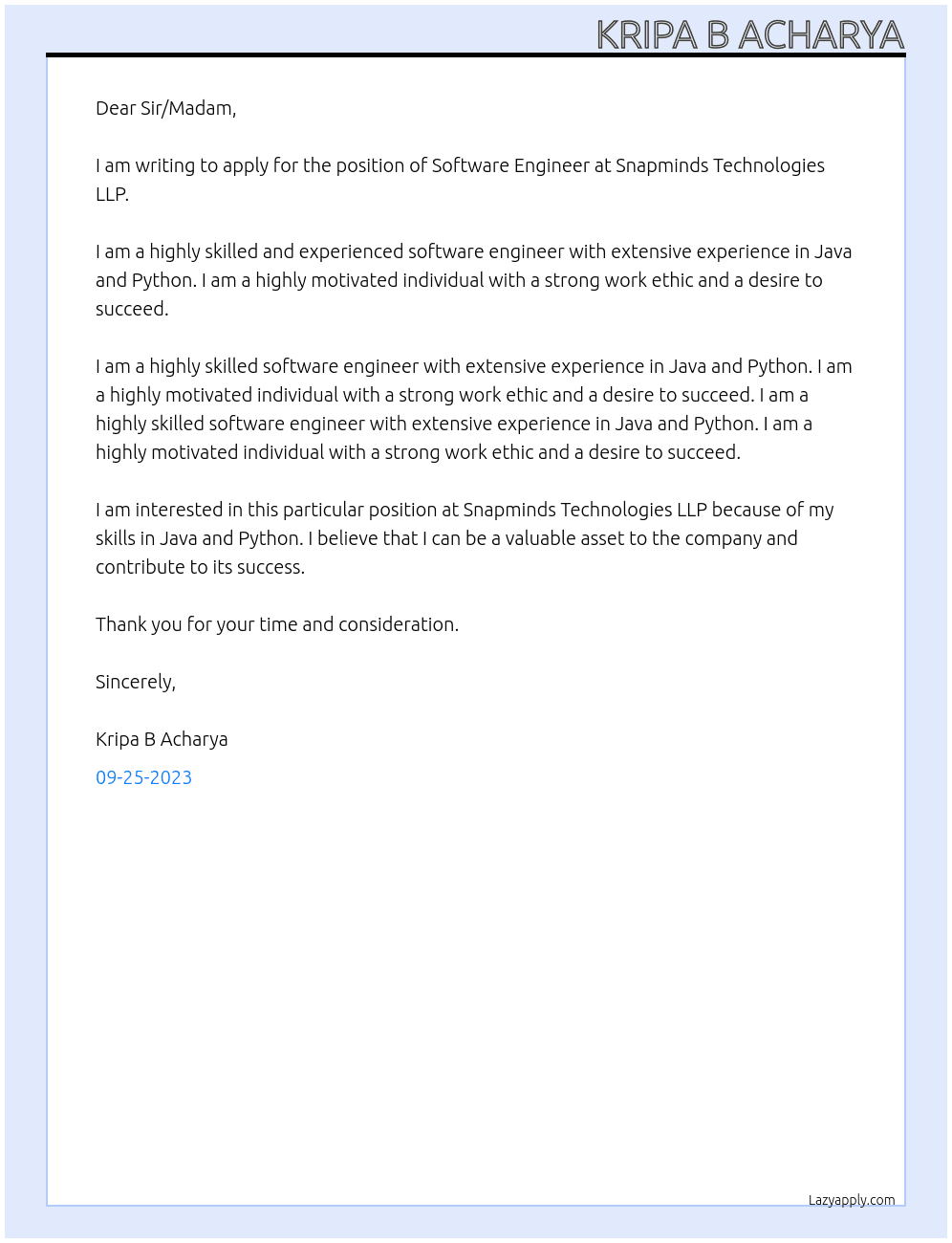 Software Engineer At SNAPMINDS TECHNOLOGIES LLP Cover Letter
