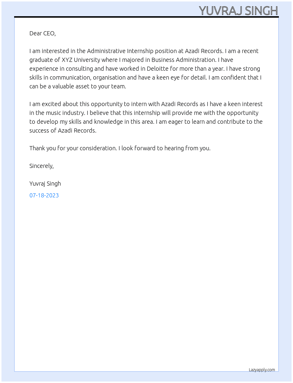 Administrative Internship At Azadi Records Cover Letter