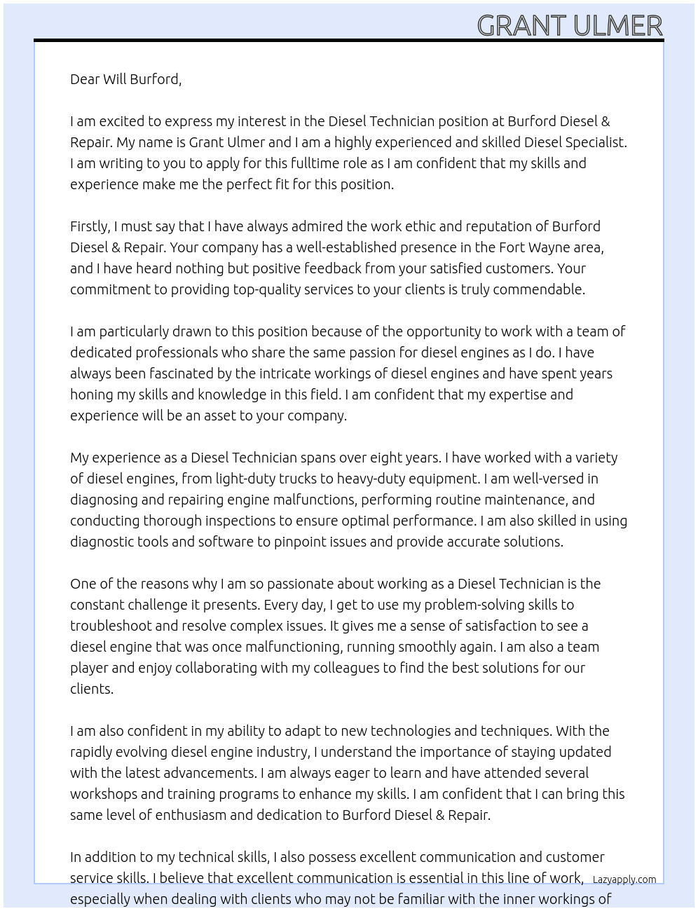 Diesel Technician At Burford Diesel & Repair Cover Letter