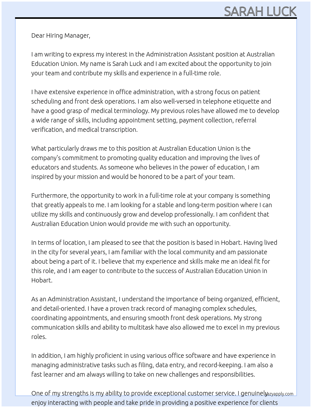 Administration assistant At Australian Education Union Cover Letter