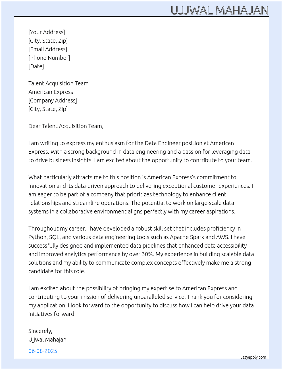 Data Engineer At American Express Cover Letter