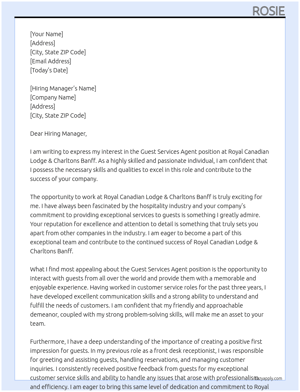 Guest Services Agent At  Royal Canadian Lodge & Charltons Banff Cover Letter
