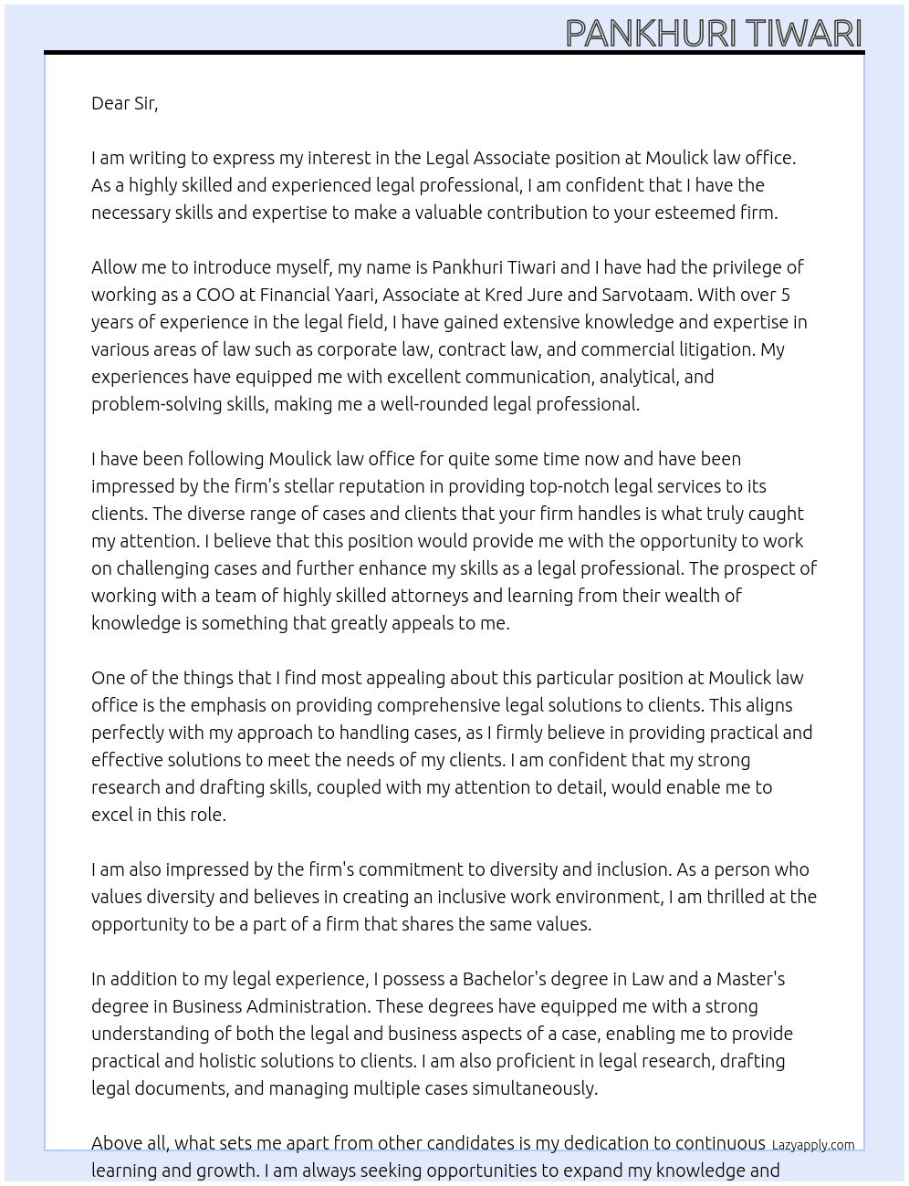Legal Associate At Moulick law office Cover Letter