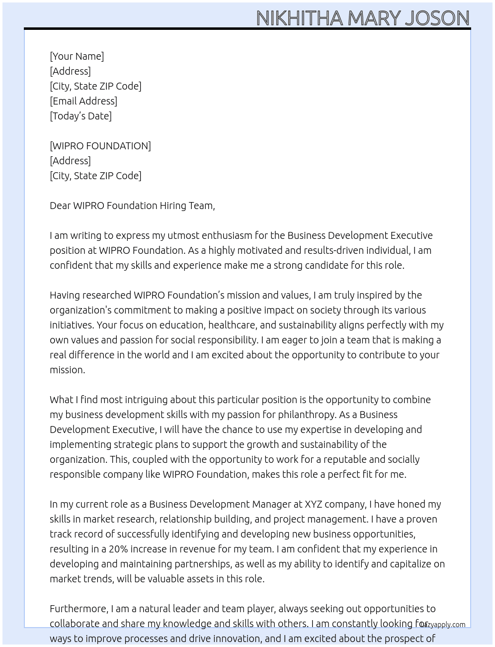 BUISNESS DEVELOPMENT EXECUTIVE At WIPRO FOUNDATION Cover Letter