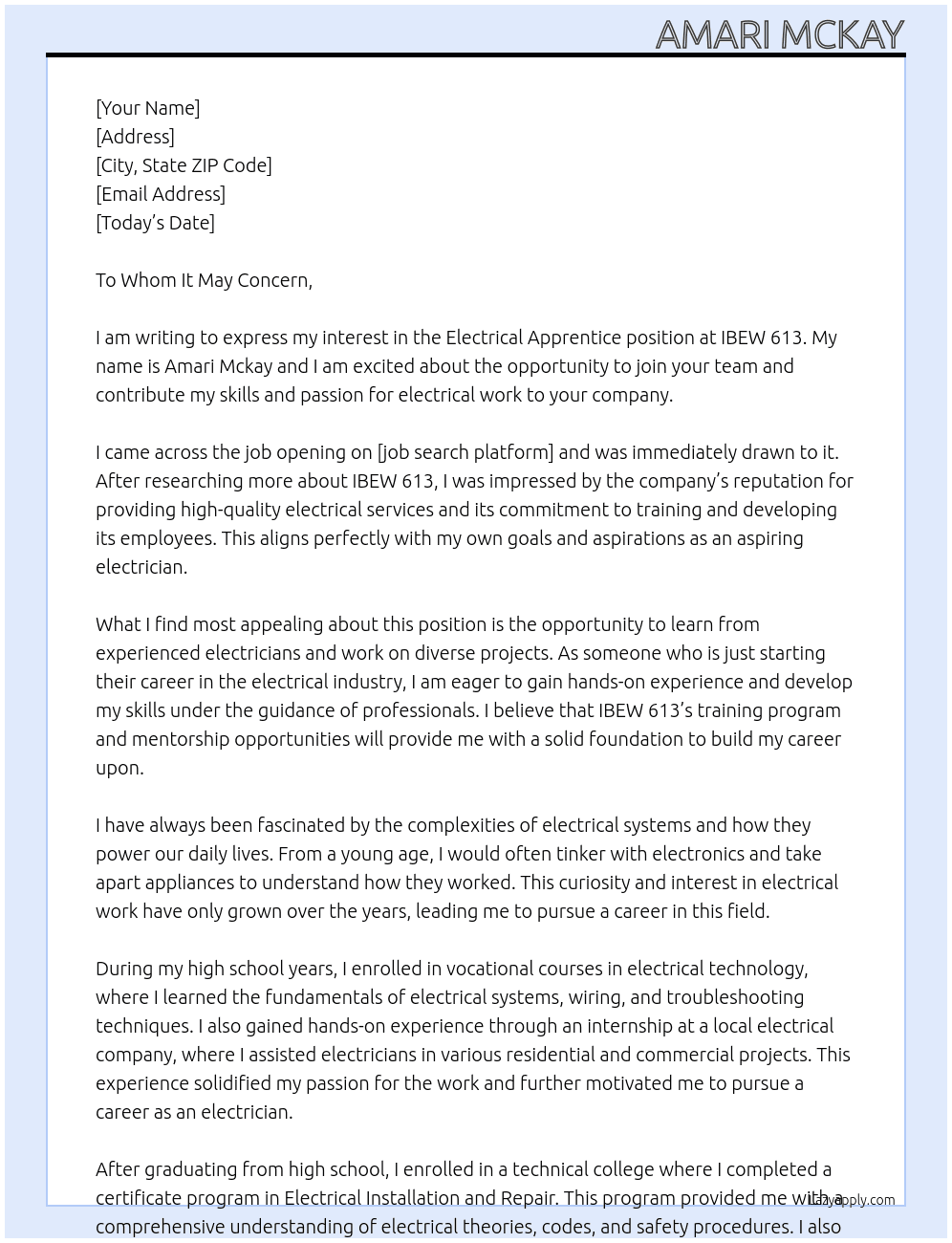 Electrical Apprentice At IBEW 613 Cover Letter