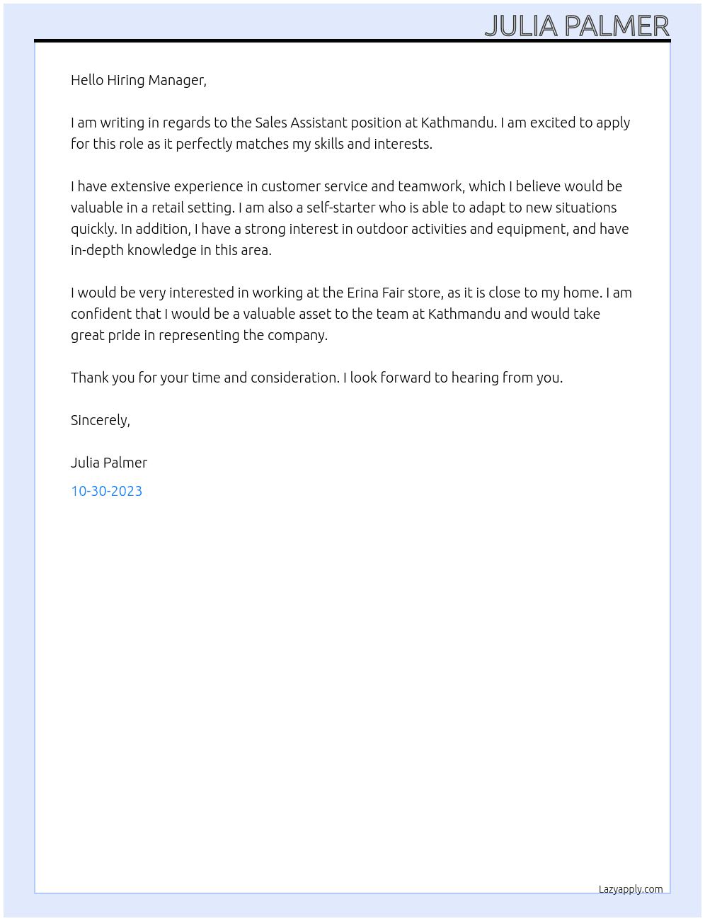 Sales Assistant At Kathmandu Cover Letter