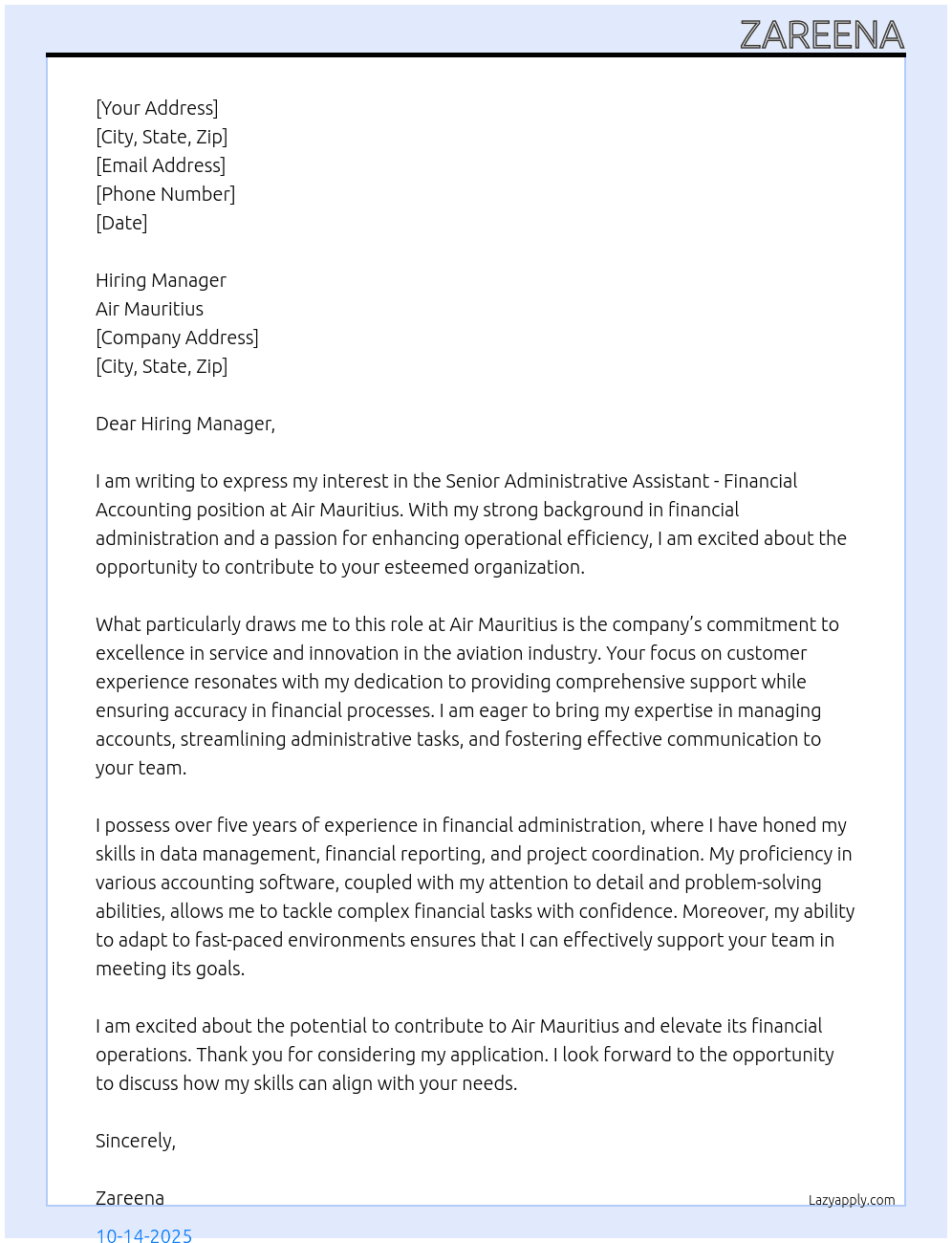 senior administrative assistant - financial accounting At air mauritius Cover Letter