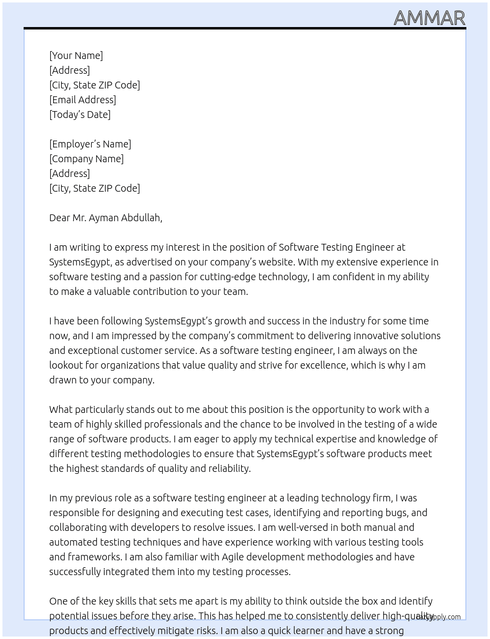 Software Testing Engineer At SystemsEgypt Cover Letter