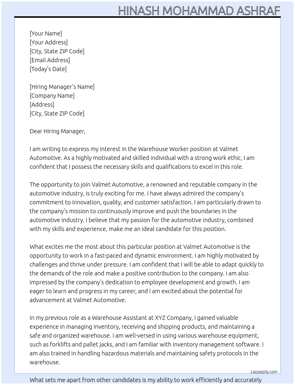 warehouse worker  At Valmet automotive  Cover Letter