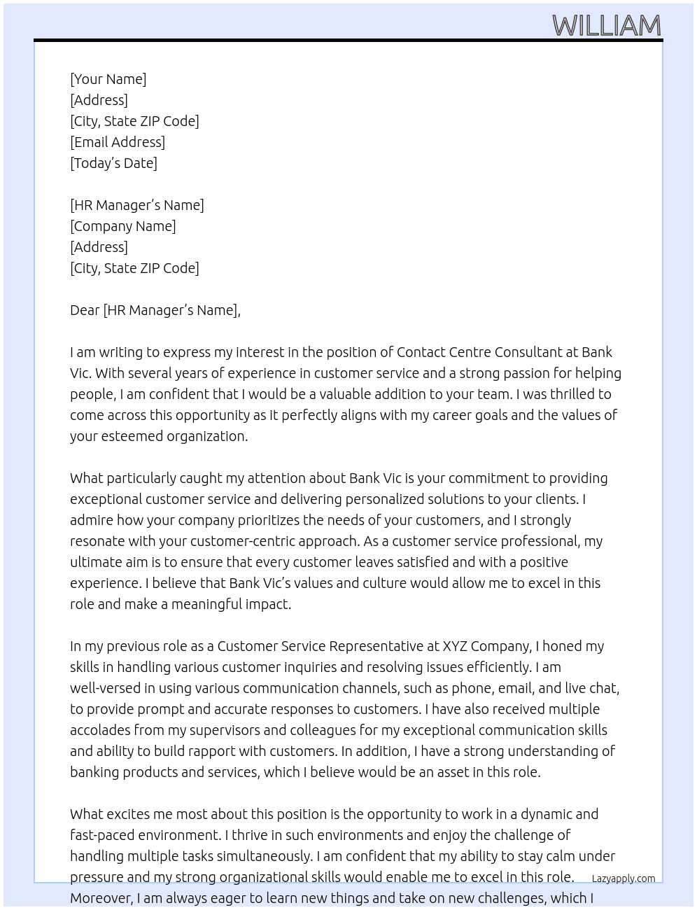 Contact Centre Consultant At Bank Vic Cover Letter