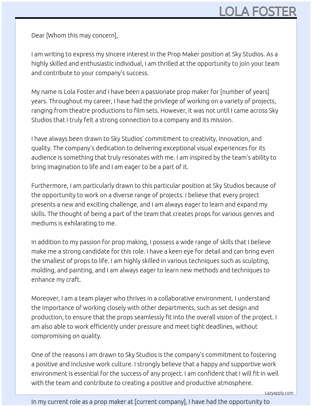 Cover letter for prop maker - LazyApply
