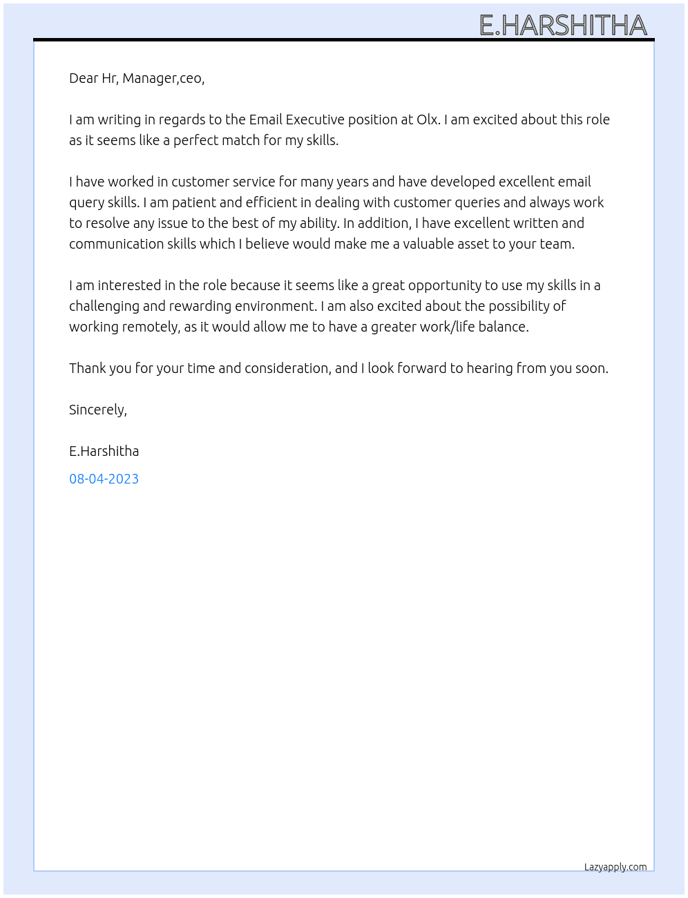 Email Executive  At Olx Cover Letter
