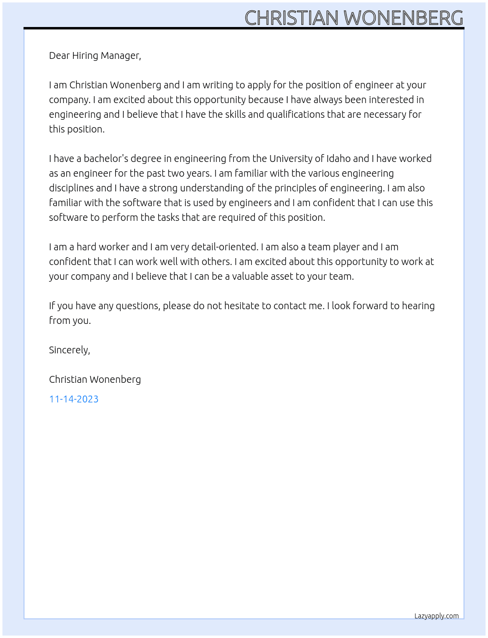 Engineer At ENGINEERING COMPANY Cover Letter