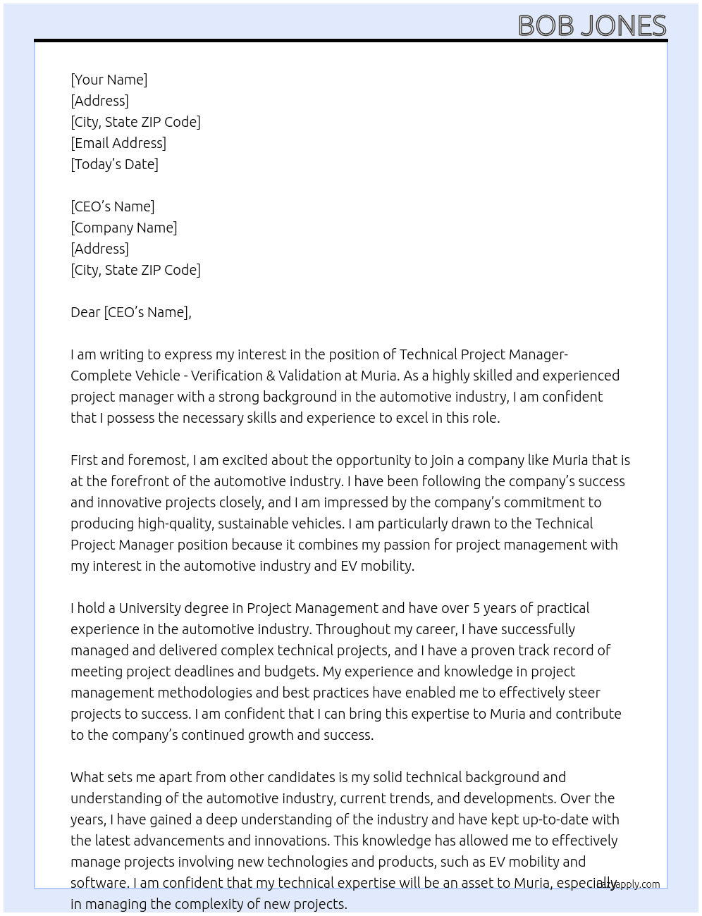 Technical Project Manager- Complete Vehicle - Verification & Validation At Muria Cover Letter