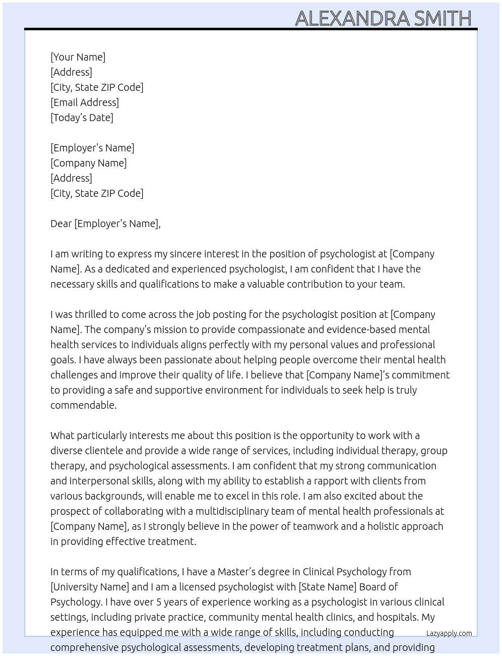 psychologist At OOO Cover Letter