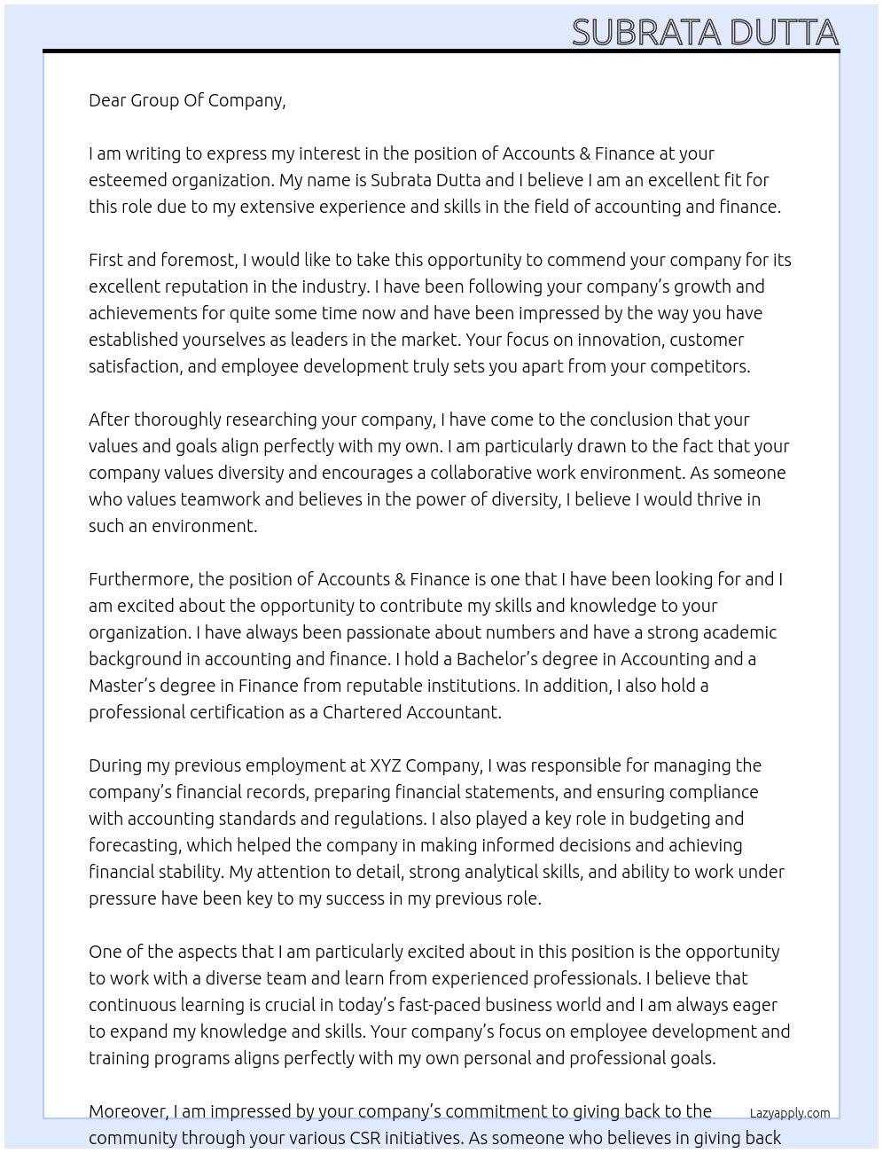 Accounts & Finance At Group Of Company Cover Letter