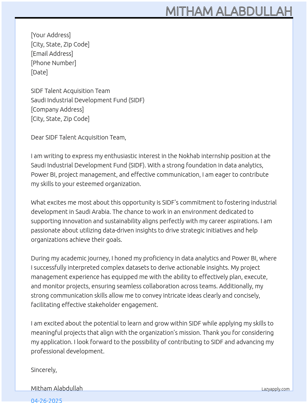 Cover letter for nokhab candidate - LazyApply
