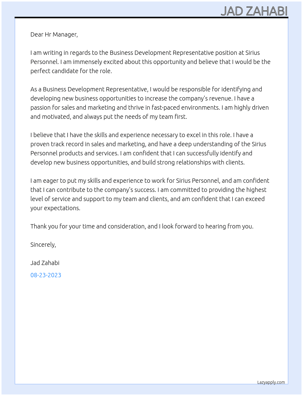 Business Development Representative At Sirius Personnel Cover Letter