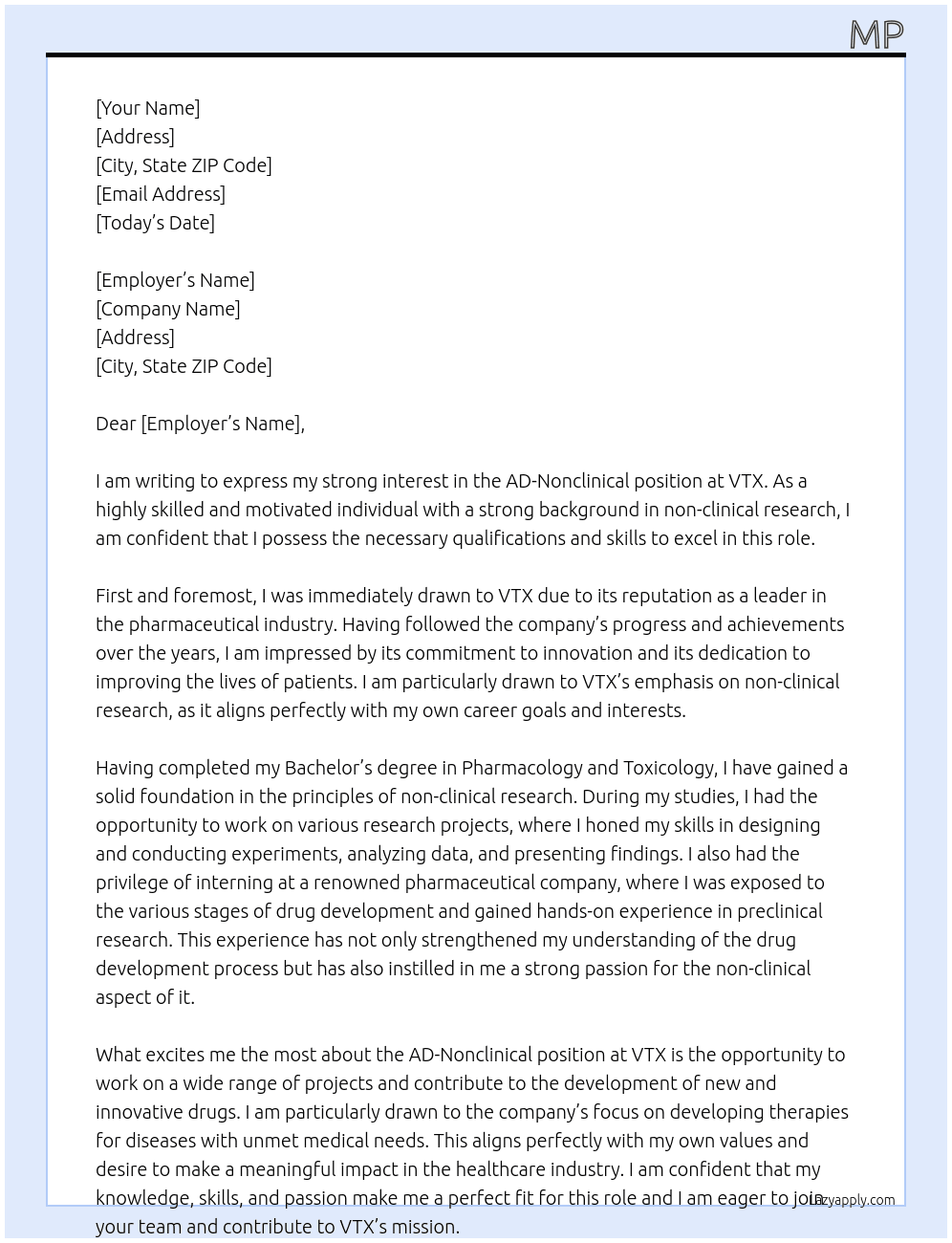 AD - Nonclinical At VTX Cover Letter