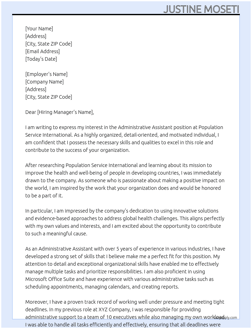 Administrative Assistant At Population Service International Cover Letter