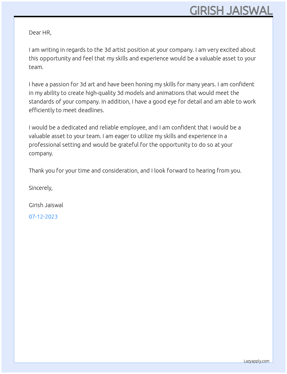 3d artist At your comany Cover Letter