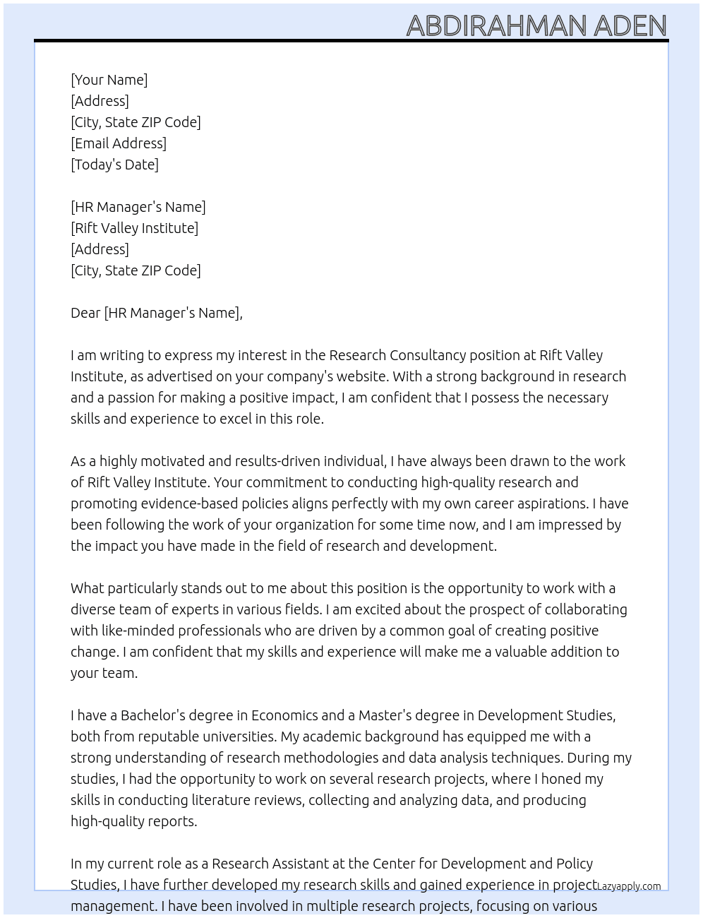 Research Consultancy At rift valley institute Cover Letter