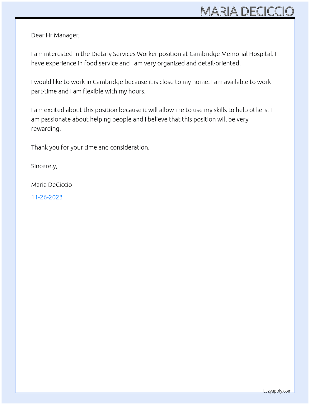 Dietary Services Worker At Cambridge Memorial Hospital Cover Letter