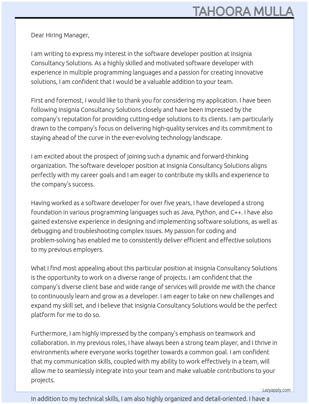 software developer At Insignia Consultancy Solutions Cover Letter