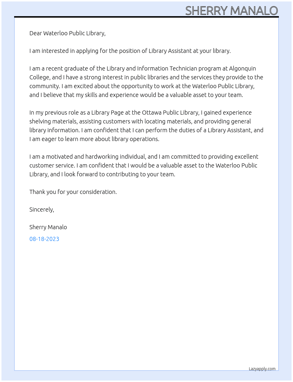 Library Assistanct At Waterloo Public Library Cover Letter