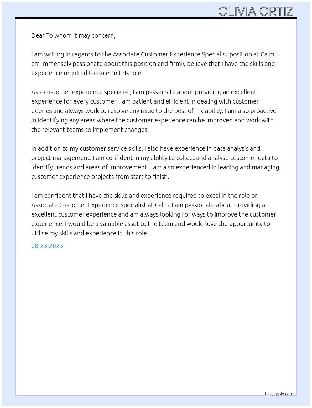 Associate Customer Experience Specialist At Calm Cover Letter
