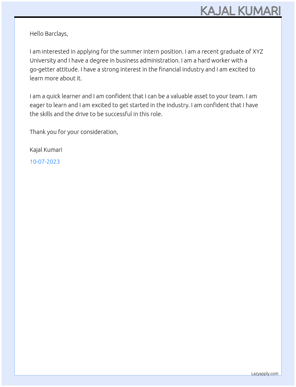 Summer Intern At Barclays. Cover Letter