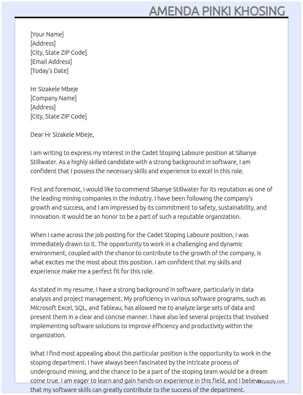 Cover letter for cadet stoping laboure - LazyApply