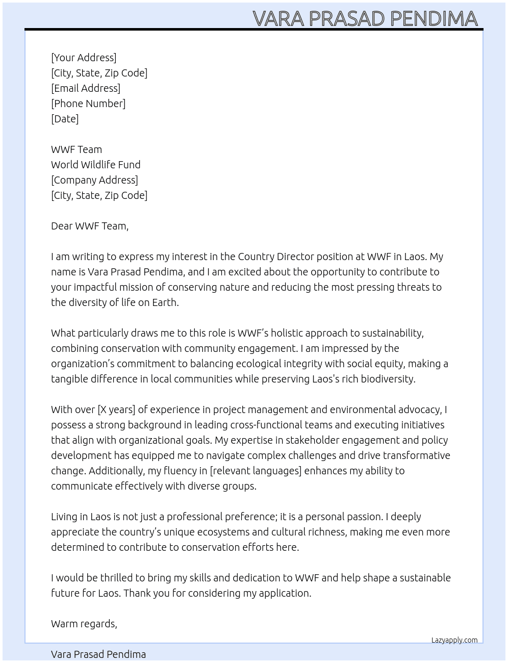 Country Director - WWF at Laos At Individual  Cover Letter